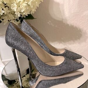 Jimmy Choo Romy 100 Anthracite Metallic Silver Semi-Pointed Toe Stiletto Heels